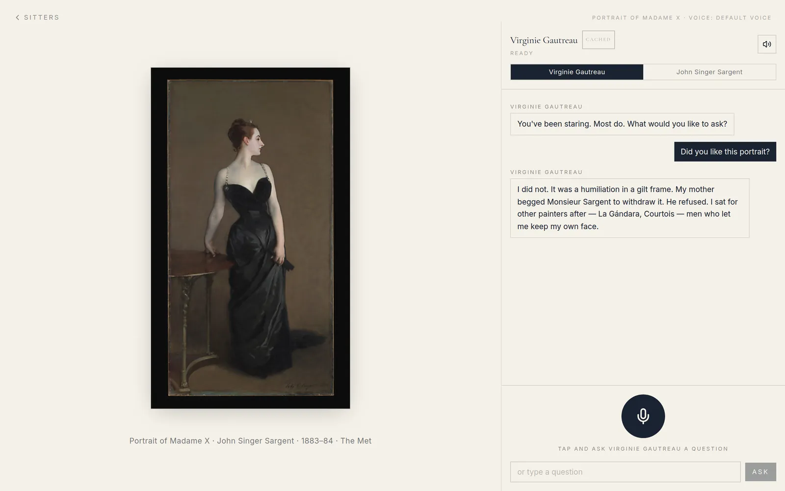 The Sitters demo: Sargent’s Madame X beside a chat in which the sitter, Virginie Gautreau, answers the question "Did you like this portrait?"