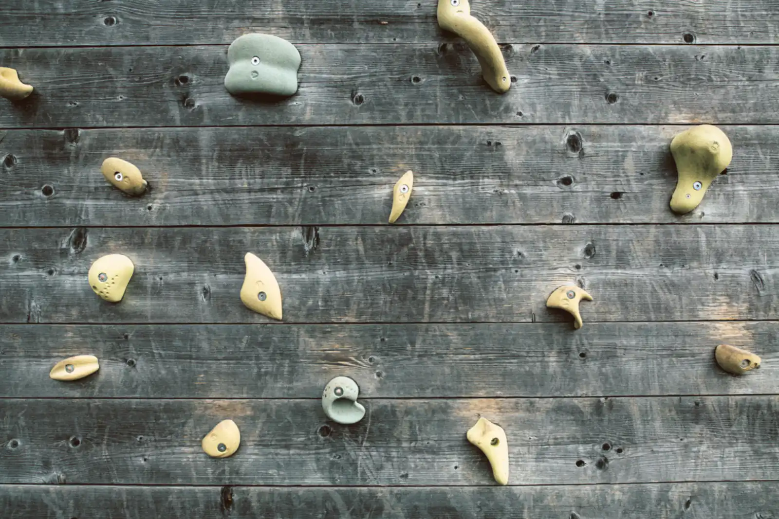 A weathered wooden climbing board with pale holds scattered across it.