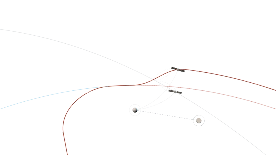 A rocket’s red trail curves into an orbit above the dim edge of the Earth, where two satellites pass on crossing arcs, over a field of stars.