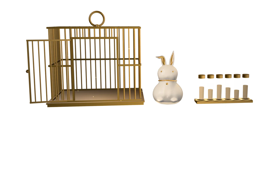 Two gilt spotlights on a claret stage: an open brass cage, a small white toy rabbit standing free beside it, and six formula vials each ringed in gilt light, above the red line.