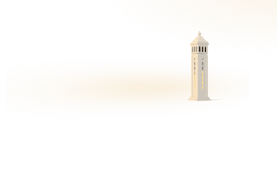 Paper standing up toward a horizon at dusk, a stand-in bell tower with warm windows at the far right, soft discs of light above, and the red line running level to a brass disc at Berkeley.