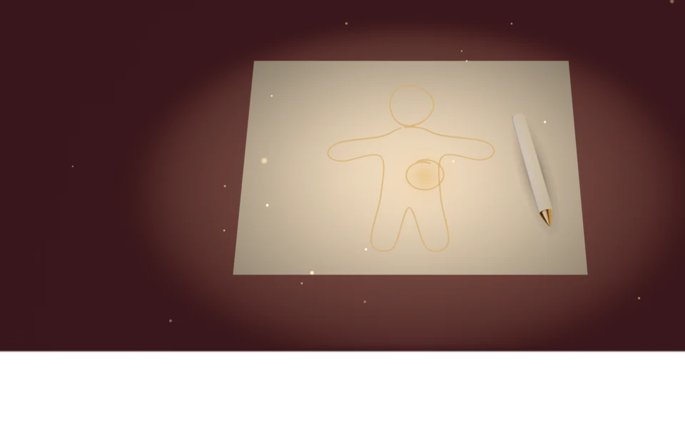 On a claret stage, a sheet of ivory paper on the red line and a porcelain crayon with a gilt tip beside a simple figure drawn in gilt strokes, a soft warm halo in it.