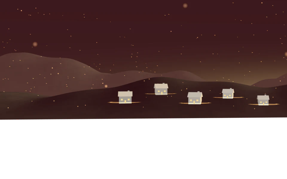 Two dark ridges of the hills at night, five small porcelain houses with warm windows along the near one, each inside a thin gilt ring, and embers drifting outside the rings.