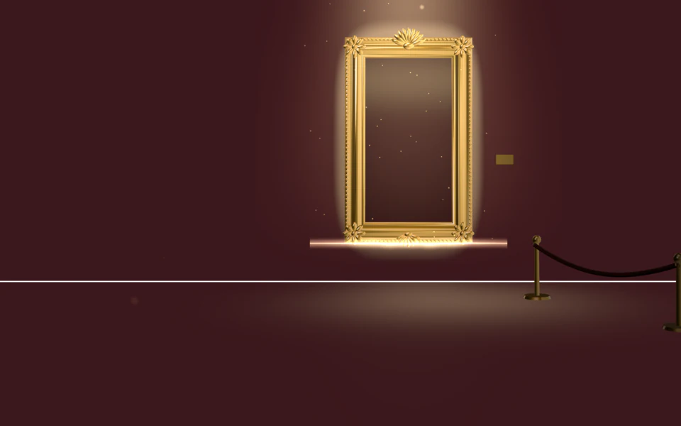 A dark claret gallery: Sargent’s Madame X in a gilt frame under one spotlight, a ribbon of gilt light resting along the frame’s foot, above the red line.