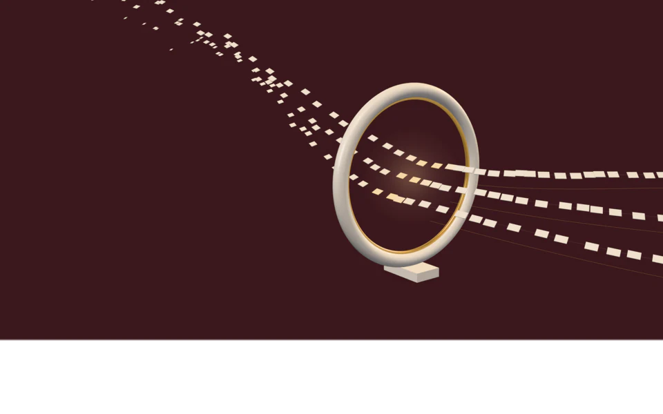 On a claret stage, a standing ivory ring with a gilt inner rim, streams of small ivory cards flowing through it from the left and sorting into three lanes beyond.