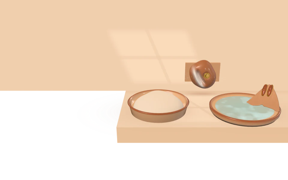 Daylight from the left on an apricot counter: dough proofing in a round pan, a glazed climbing hold with a puff of chalk, and a monofin dipping into a small pool, above the red line.