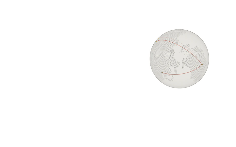 A small globe in ink on paper, seen from above the North Pacific, with red lines reaching out from Berkeley to Riyadh and to Seoul.