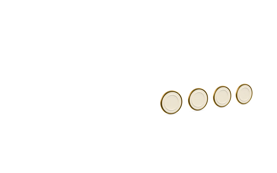 Four equal glazed ivory coins with gilt rims, the four parts of one coin, standing in a row that recedes over a green ground beside the end of the red line.