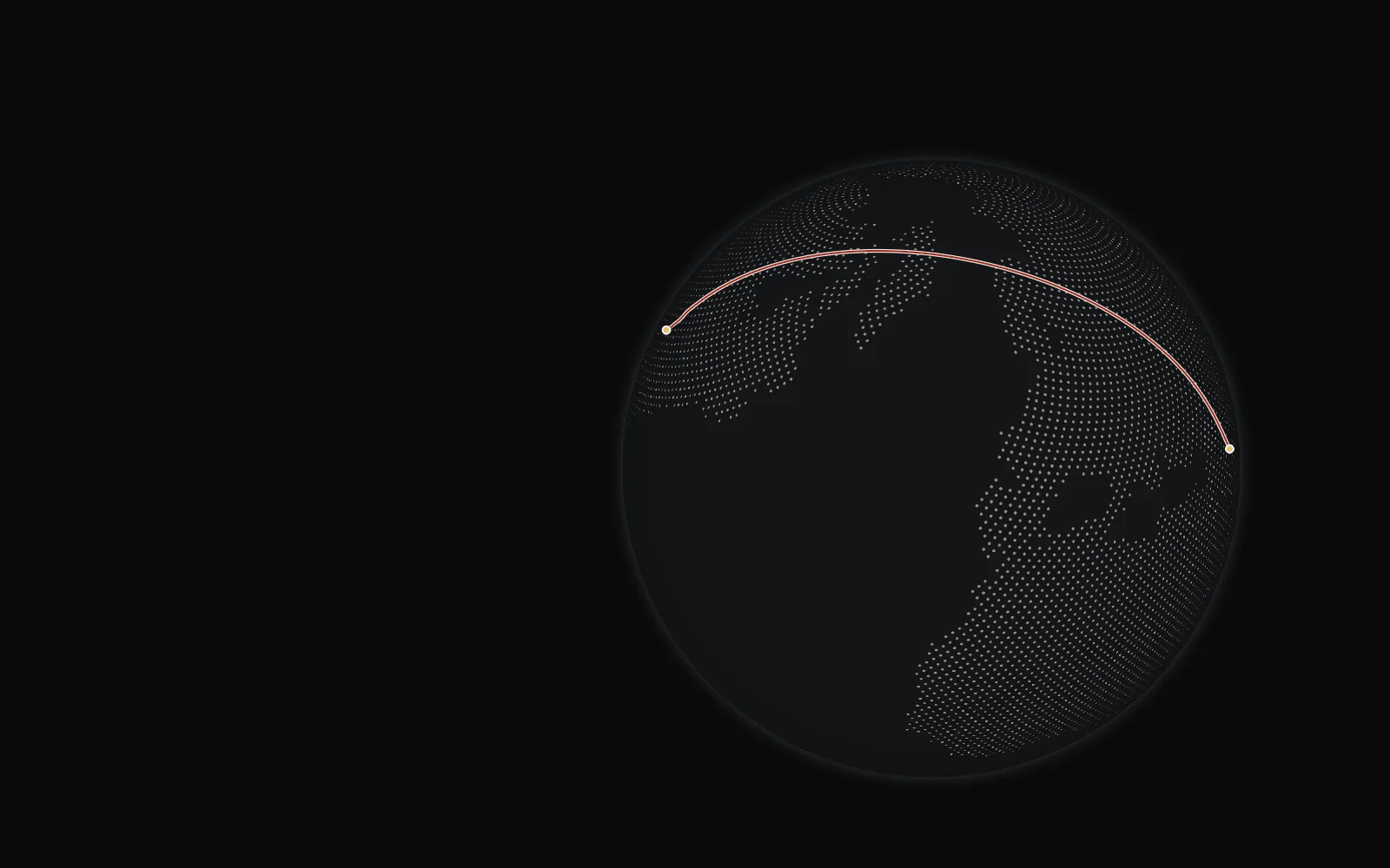 The dark globe turned so the red line arcs over the north, from a pin on Jeddah to a pin on Berkeley.